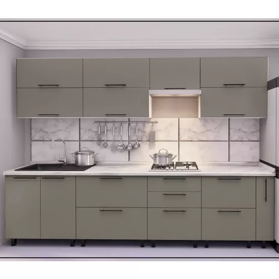 Bucatarie Bafimob Quadro 3.0 m, MDF, cu fatade din panouri mate AGT (Trendy Panel) Cappuccino mat (729 New Grey)