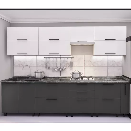 Bucatarie Bafimob Quadro 3.0 m, MDF, cu fatade din panouri mate AGT (Trendy Panel) Alb mat (734 White)/Gri mat (726 Storm Grey)