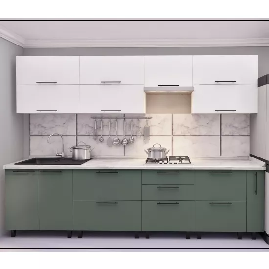 Bucatarie Bafimob Quadro 3.0 m, MDF, cu fatade din panouri mate AGT (Trendy Panel) Alb mat (734 White)/Verde deschis mat (735 Relax Green)