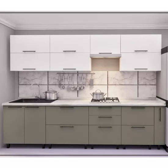 Bucatarie Bafimob Quadro 3.0 m, MDF, cu fatade din panouri mate AGT (Trendy Panel) Alb mat (734 White)/Cappuccino mat (729 New Grey)