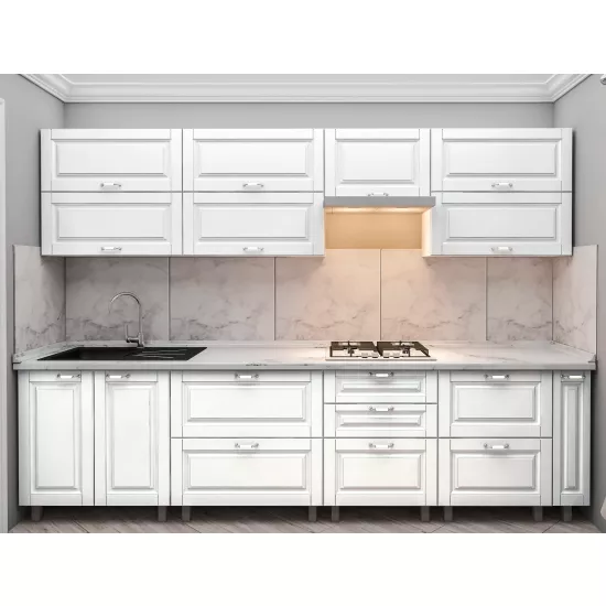 Bucatarie Bafimob Quadro 3.0 m, MDF vopsit, fațadă frezată Clasic, Alb mat