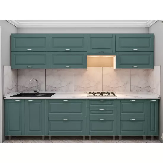 Bucatarie Bafimob Quadro 3.0 m, MDF vopsit, fațadă frezată Clasic, Verde deschis mat