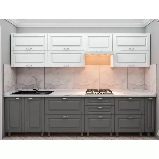 Bucatarie Bafimob Quadro 3.0 m, MDF vopsit, fațadă frezată Clasic, Alb mat/Gri mat