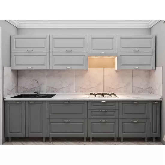 Кухня Bafimob Квадро 3.0 м, МДФ крашенный, фасад Классик, Светло серый-матовый/Серый-матовый