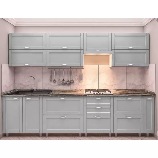 Bucatarie Bafimob Quadro 3.0 m, MDF vopsit, fațadă frezată Modern, Gri deschis mat