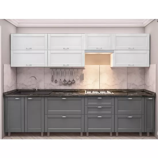 Кухня Bafimob Квадро 3.0 м, МДФ крашенный, фасад Модерн, Белый-матовый/Серый-матовый