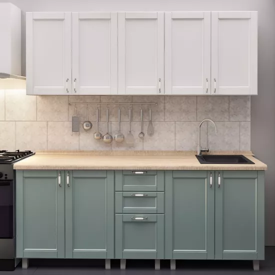 Bucatarie Bafimob Elena 2.0 m, MDF vopsit, fațadă frezată Modern, Alb mat/Verde deschis mat