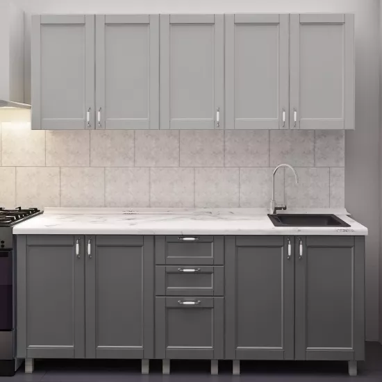 Bucatarie Bafimob Elena 2.0 m, MDF vopsit, fațadă frezată Modern, Gri deschis mat/Gri mat