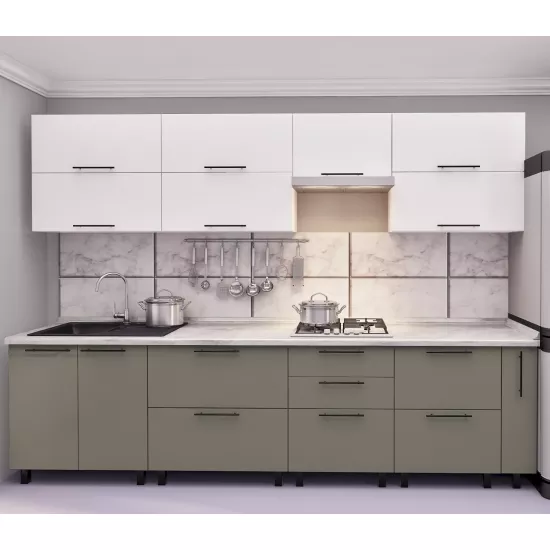 Bucatarie Bafimob Quadro 3.0 m, MDF vopsit, fațadă Neted, Alb mat/Cappuccino mat