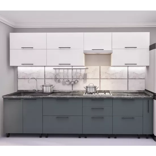 Кухня Bafimob Квадро 3.0 м, МДФ крашенный, фасад Гладкий, Белый-матовый/Серый-матовый