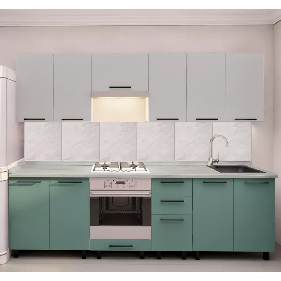 Кухня Bafimob Юля 2.6 м, МДФ крашенный, фасад Гладкий, Светло серый-матовый/Салатовый-матовый
