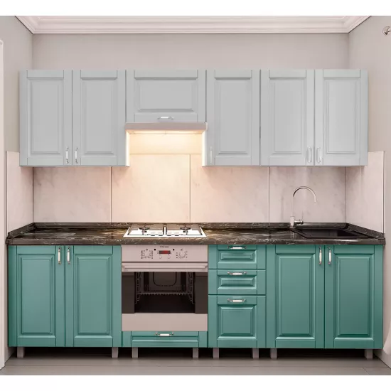 Кухня Bafimob Юля 2.6 м, МДФ крашенный, фасад Классик, Светло серый-матовый/Салатовый-матовый