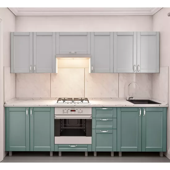 Bucatarie Bafimob Iulia 2.6 m, MDF vopsit, fațadă frezată Modern, Gri deschis mat/Verde deschis mat