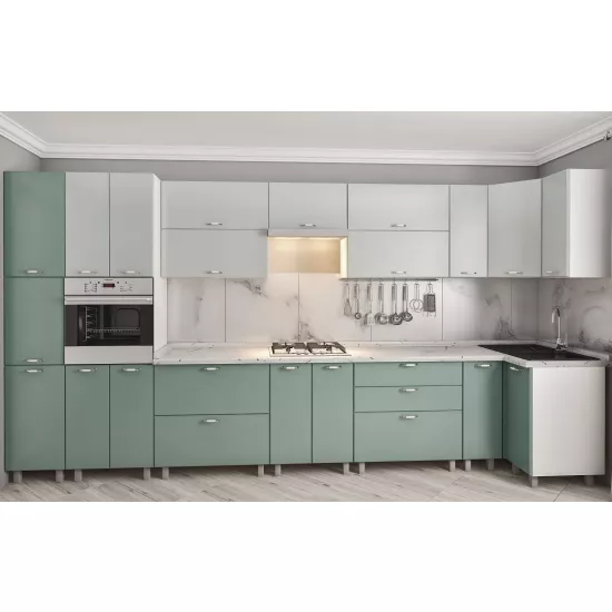 Bucatarie de colț Bafimob Eco 4,1х0,9 m, MDF vopsit, fațadă Neted, Gri deschis mat/Verde deschis mat