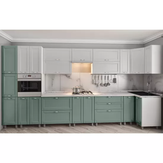 Bucatarie de colț Bafimob Eco 4,1х0,9 m, MDF vopsit, fațadă frezată Modern, Gri deschis mat/Verde deschis mat