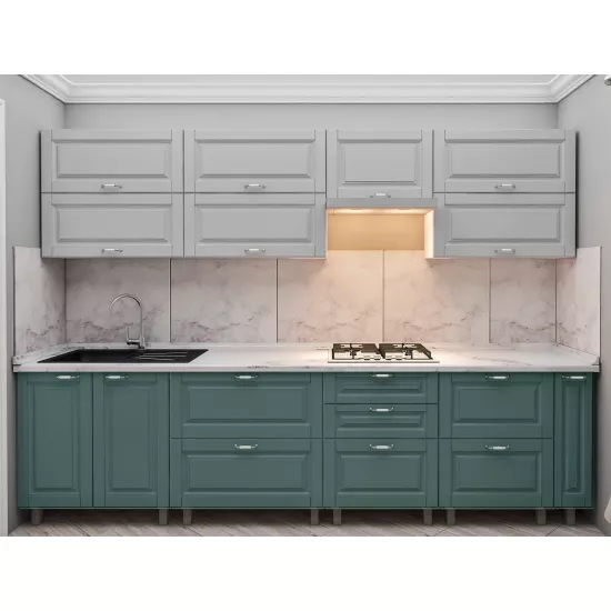 Кухня Bafimob Квадро 3.0 м, МДФ крашенный, фасад Классик, Светло серый-матовый/Салатовый-матовый