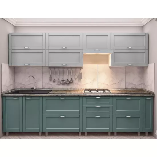 Кухня Bafimob Квадро 3.0 м, МДФ крашенный, фасад Модерн, Светло серый-матовый/Салатовый-матовый