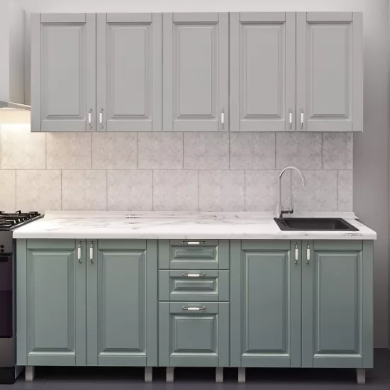 Кухня Bafimob Лена 2.0 м, МДФ крашенный, фасад Классик, Светло серый-матовый/Салатовый-матовый