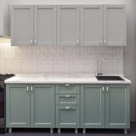 Bucatarie Bafimob Elena 2.0 m, MDF vopsit, fațadă frezată Modern, Gri deschis mat/Verde deschis mat
