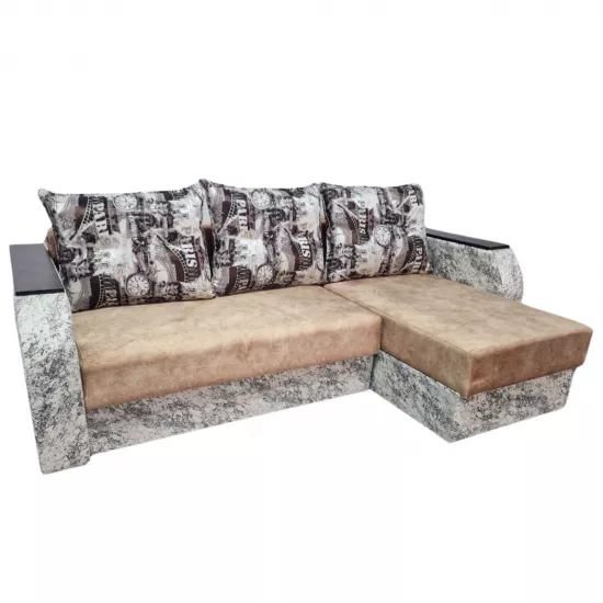 Диван угловой Art Lux E1 (2.35x1.5) закругленные деревянные подлокотники, Серый/Коричневый