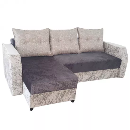 Canapea de colț Art Lux E1 (2.35x1.5) cotiere cu lemn, rotungite, Gri/Bej