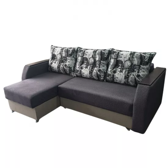 Canapea de colț Art Lux E1 (2.35x1.5) cotiere cu lemn, rotungite, Gri/Bej