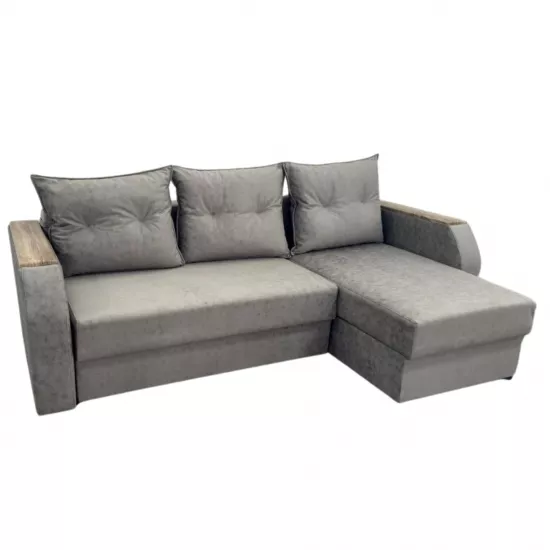 Canapea de colț Art Lux E1 (2.35x1.5) cotiere cu lemn, rotungite, Gri