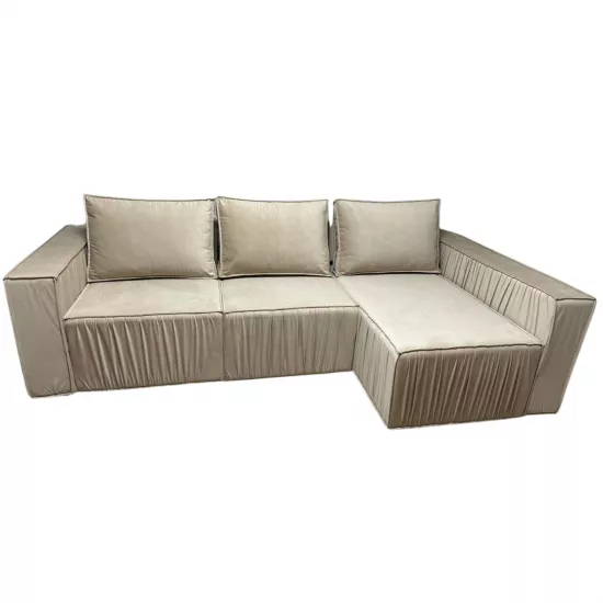 Диван угловой Art Lux E3 (2.5x1.5) складки из ткани, один подлокотник длинный, Бежевый