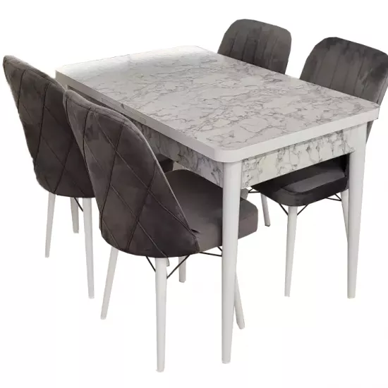 Set de mobilă Magnus MDF Masa Karegold Carara + 4 scaune Eco velour gri
