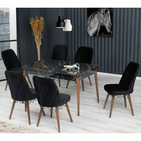 Набор раздвижной стол с 6 стульями Kelebek ES-632, 80x130/170x75, Black