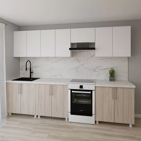Bucatarie modulara Smartex K1 3.0 m, PAL, Alb/Stejar Deschis