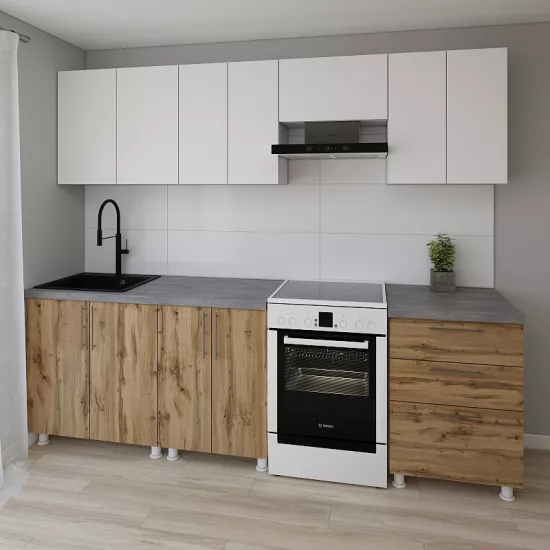 Bucatarie modulara Smartex K2 2.6 m, PAL, Alb/Stejar inchis