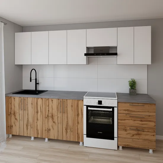 Bucatarie modulara Smartex K2 3.0 m, PAL, Alb/Stejar inchis