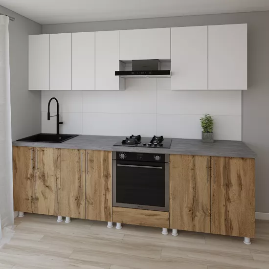 Bucatarie modulara Smartex K3 2.6 m, PAL, Alb/Stejar inchis