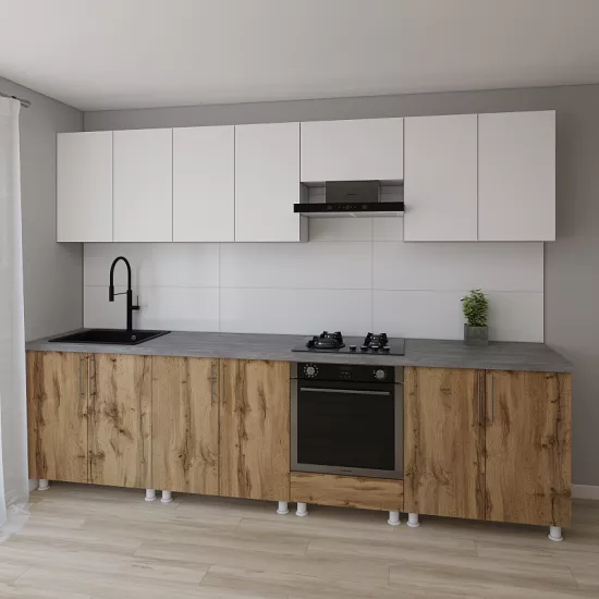 Bucatarie modulara Smartex K3 3.0 m, PAL, Alb/Stejar inchis