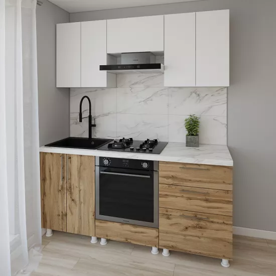 Bucatarie modulara Smartex K4 1.8 m, PAL, Alb/Stejar inchis