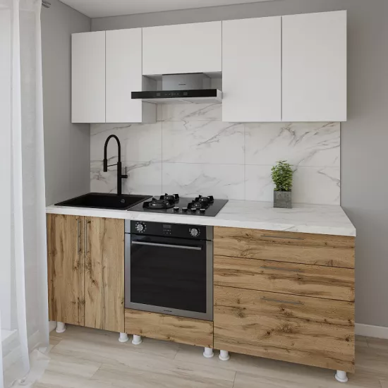 Bucatarie modulara Smartex K4 2.0 m, PAL, Alb/Stejar inchis