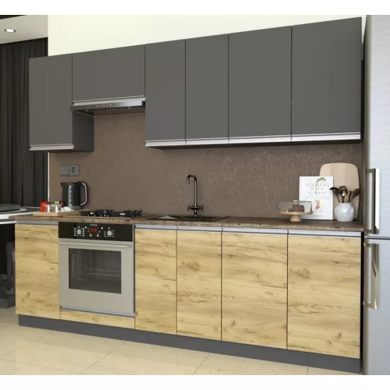 Bucatarie Yasen Madera 2.4 m, PAL, Grafit Gri / Stejar Kraft Auriu