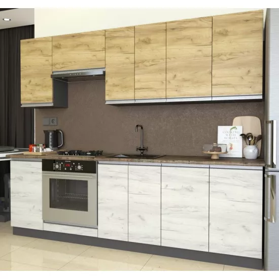 Bucatarie Yasen Madera 2.4 m, PAL, Stejar Kraft Auriu / Stejar Kraft Alb