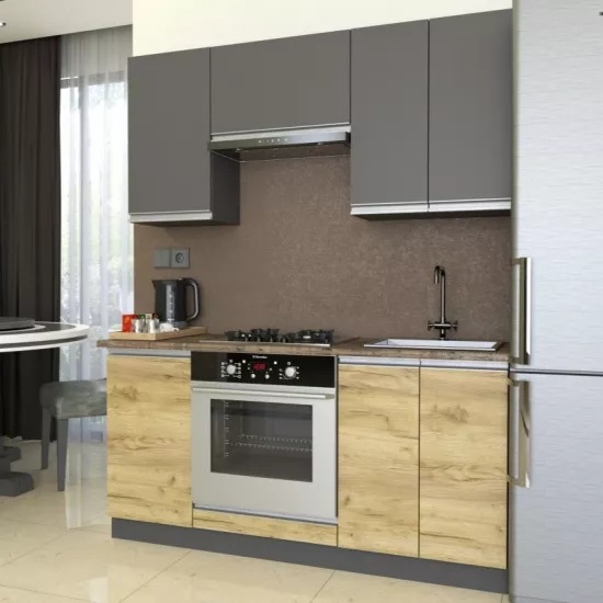 Bucatarie Yasen Madera 1.6 m, PAL, Grafit Gri / Stejar Kraft Auriu