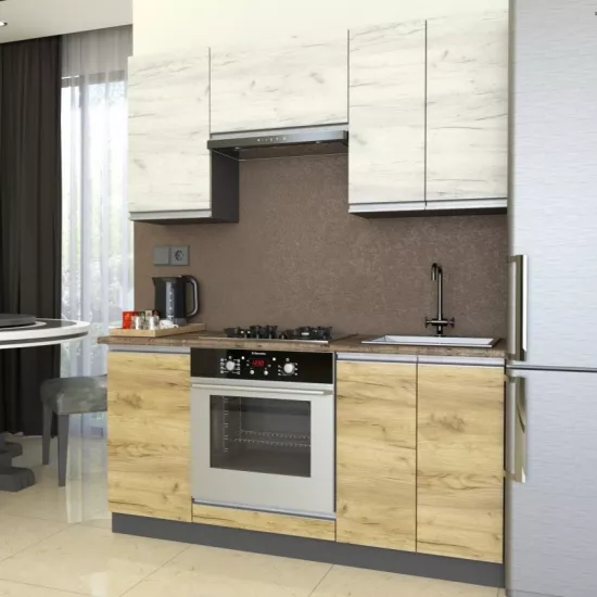 Bucatarie Yasen Madera 1.6 m, PAL, Stejar Kraft Alb / Stejar Kraft Auriu