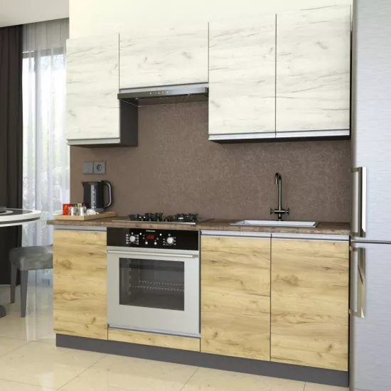 Bucatarie Yasen Madera 1.8 m, PAL, Stejar Kraft Alb / Stejar Kraft Auriu