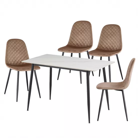 Set Yasen masa DT8197 White Marble cu 4 scaune DC-5010 HLR 11 Gold Brown