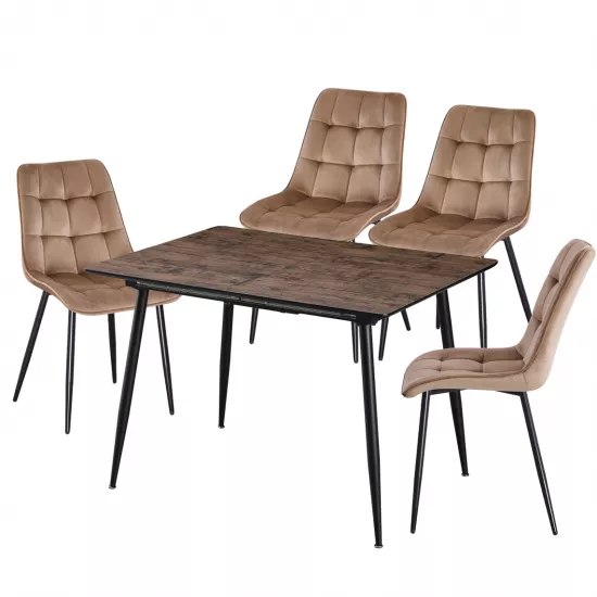 Set Yasen masa extensibila DT2403 Dark Brown cu 4 scaune DC-6005 HLR 11 Gold Brown
