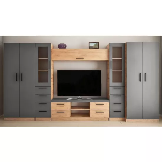 Living Bafimob Liudmila Mini-Z cu sticla (ТV-1,5m) (390 cm), Stejar/Grafit