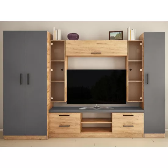 Living Bafimob Elena Max-Z cu sticla (ТV-1,2m) (300 cm), Stejar/Grafit