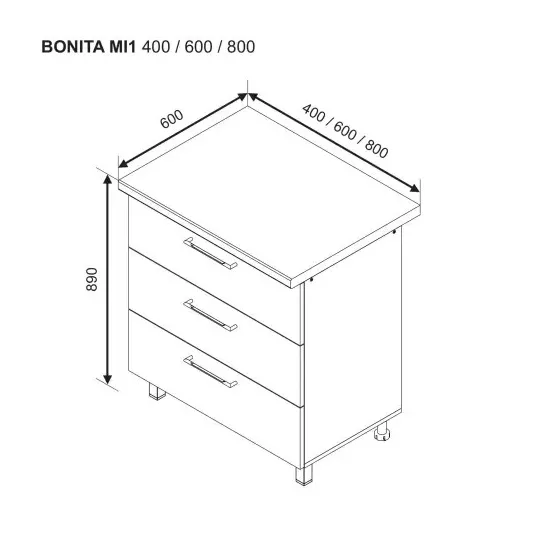 Modul inferior Ambianta Bonita MI1 800 cu 3 sertare, MDF, Alb