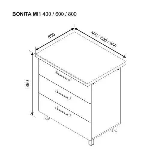 Modul inferior Ambianta Bonita MI1 400 cu 3 sertare, MDF, Catania