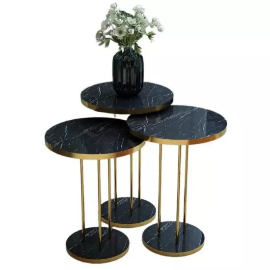 Set masute pentru reviste Prestige Bendir round base 3 pcs, Black Marble/Gold