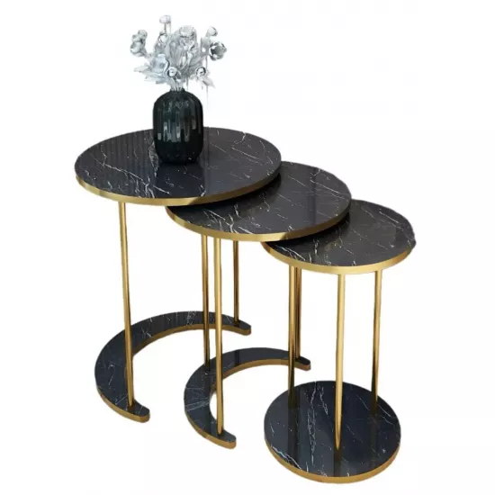 Set masute pentru reviste Prestige Bendir 50/40/30 3 pcs, Black Marble/Gold